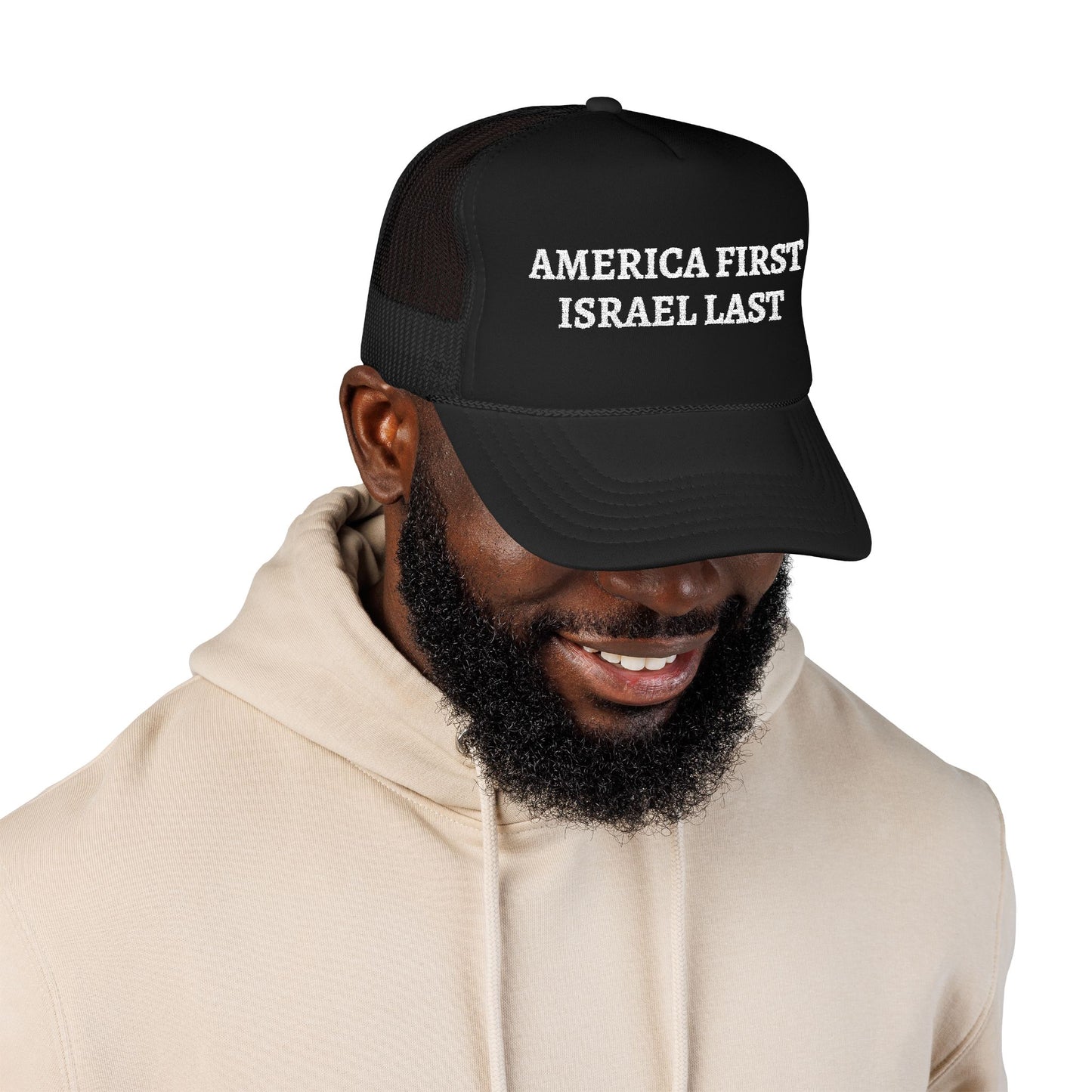 AMERICA FIRST ISRAEL LAST Foam Trucker Hat (Embroidery)